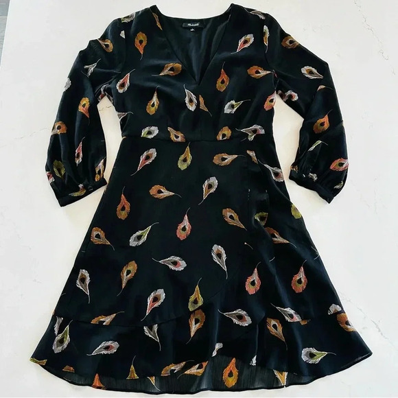 Madewell Black Poppy Wrap Long Sleeve Peacock Mini Dress - Picture 4 of 11